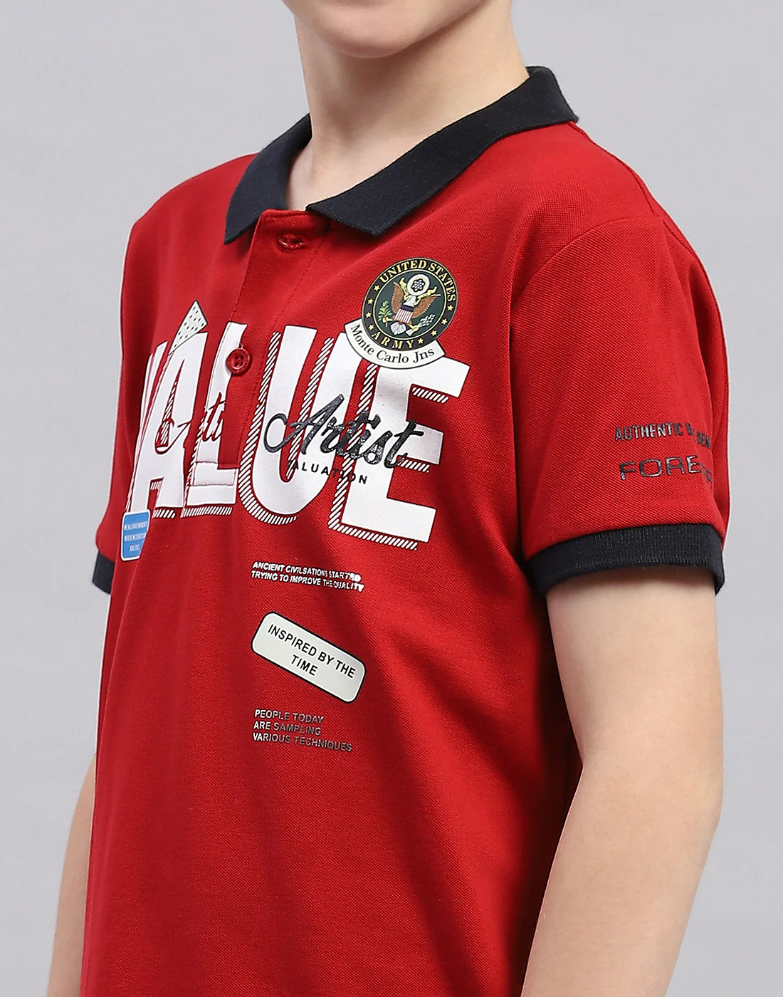 Boys Red Printed Polo Collar Half Sleeve T-Shirt - Image 6