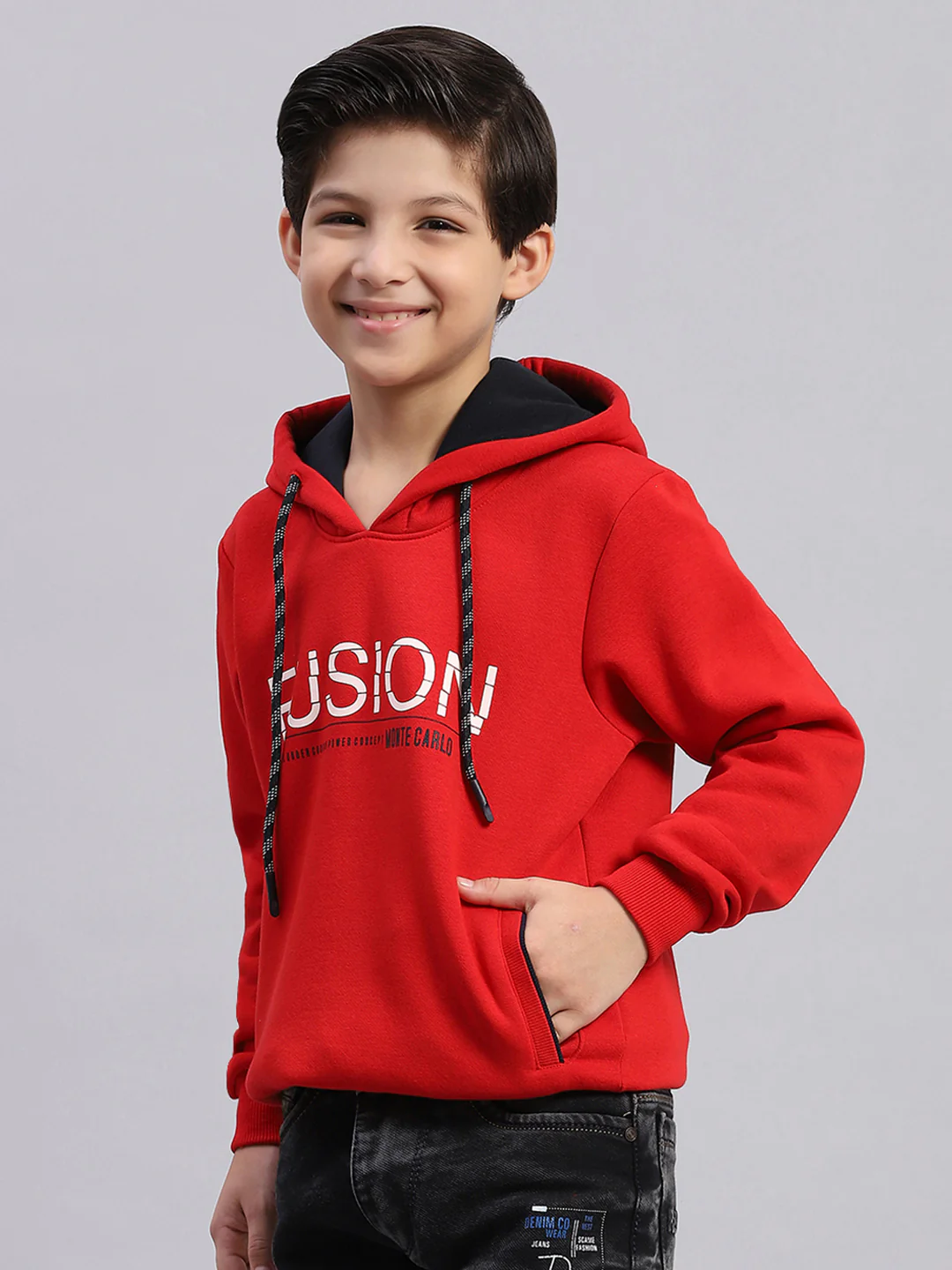 Boys Red Printed Round Neck Full Sleeve Sweatshirt - Image 3
