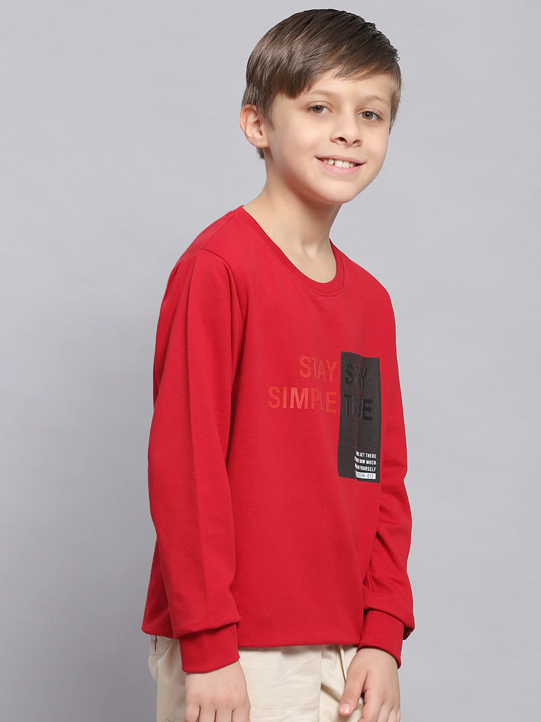 Boys Red Printed Round Neck Full Sleeve Sweatshirt - Image 4