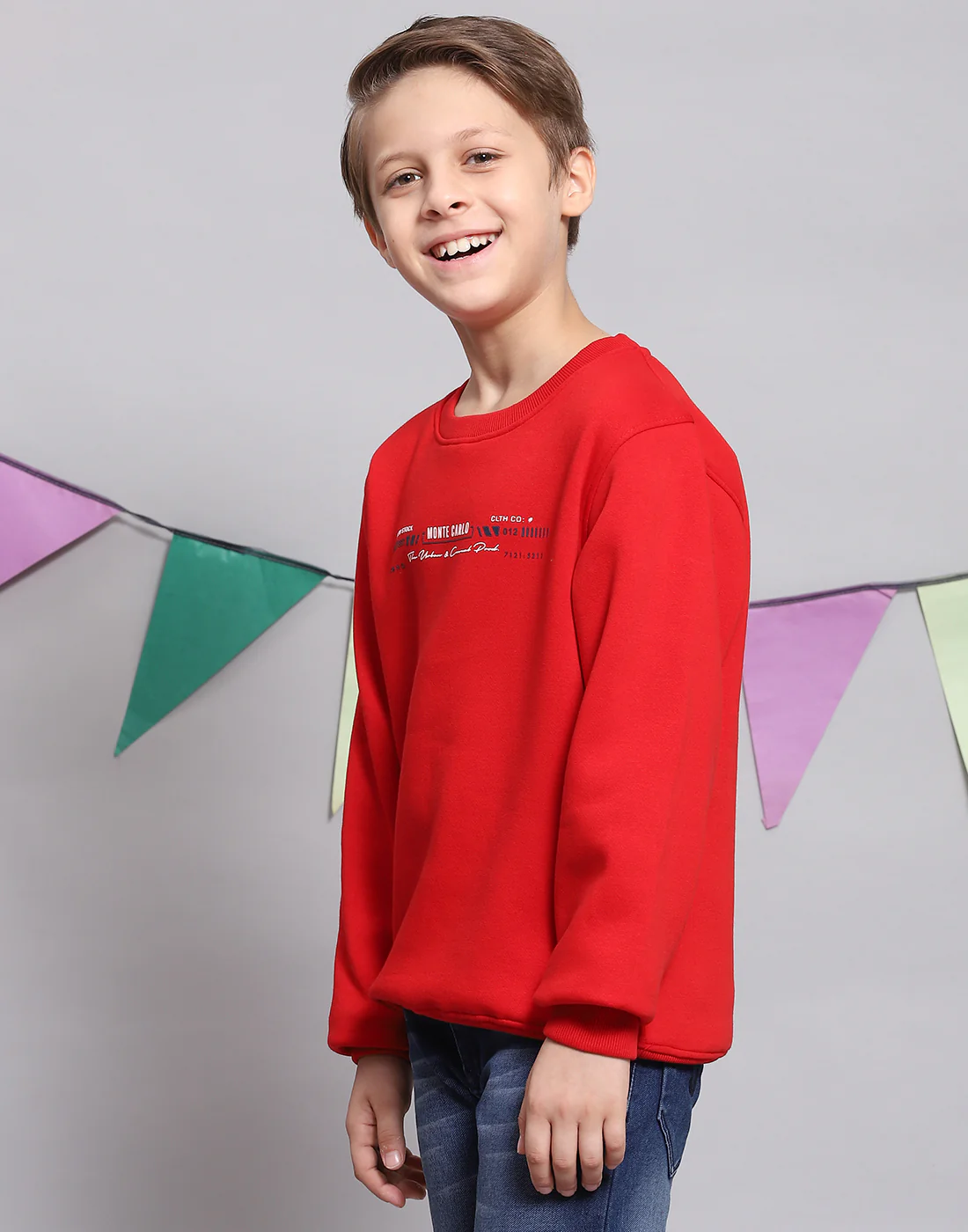 Boys Red Printed Round Neck Full Sleeve Sweatshirt - Image 3
