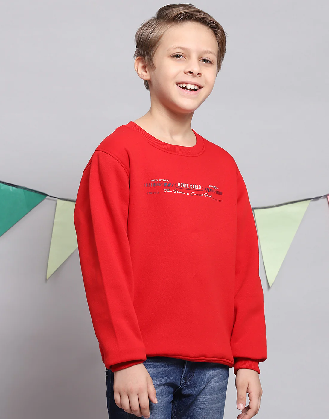 Boys Red Printed Round Neck Full Sleeve Sweatshirt - Image 4