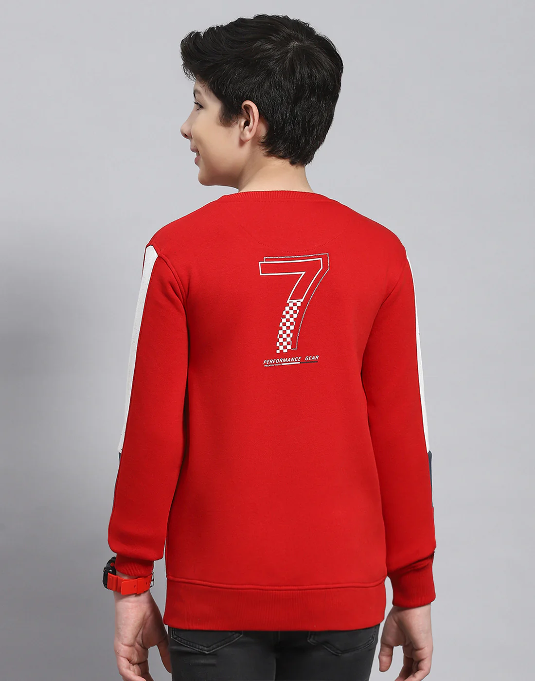 Boys Red Printed Round Neck Full Sleeve Sweatshirt - Image 5