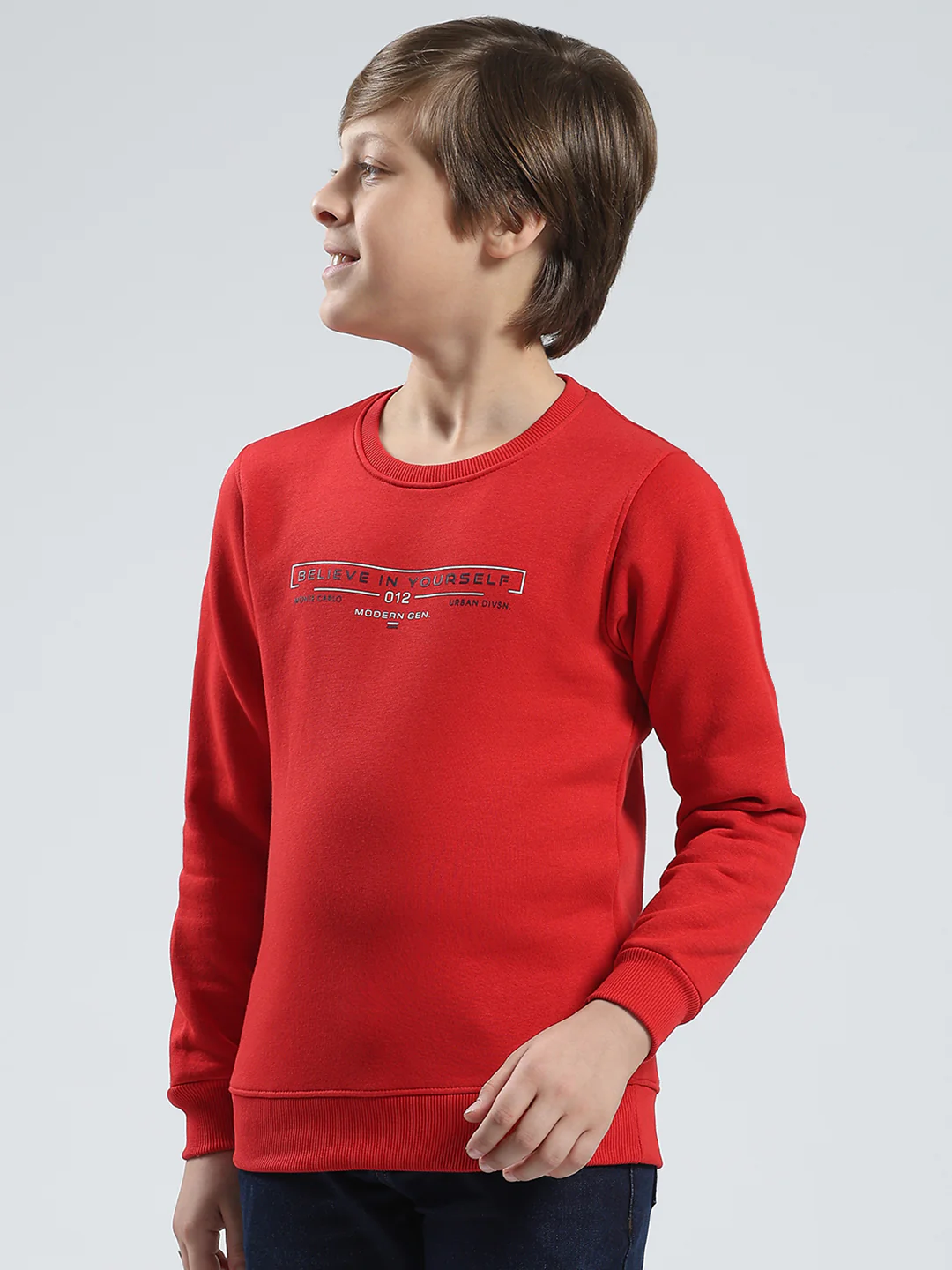 Boys Red Printed Round Neck Full Sleeve Sweatshirt - Image 3