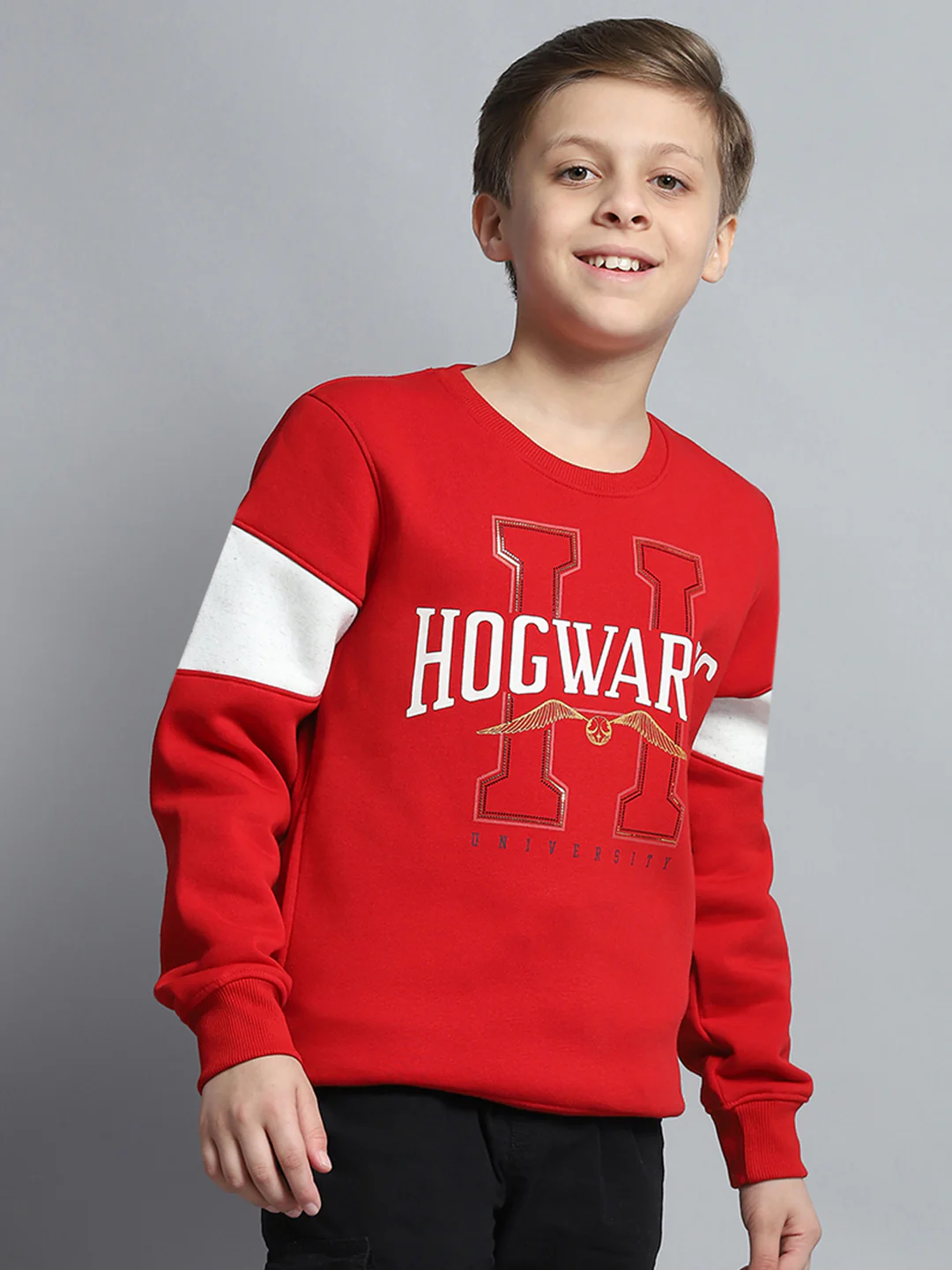 Boys Red Printed Round Neck Full Sleeve Sweatshirt - Image 4