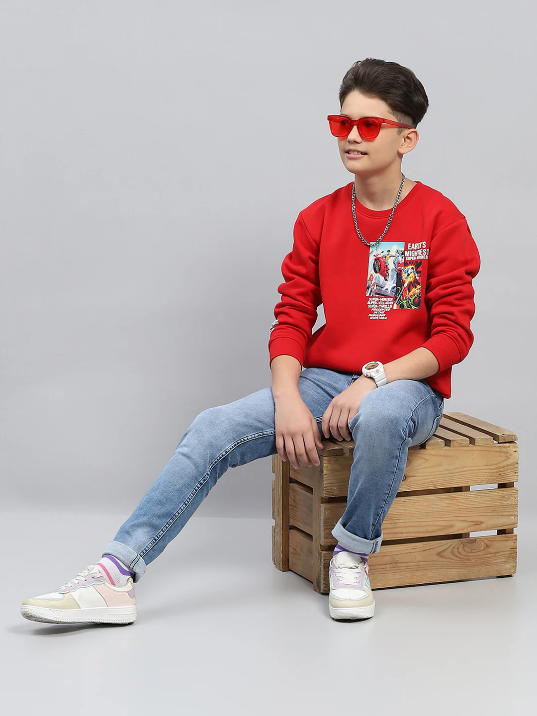 Boys Red Printed Round Neck Full Sleeve Sweatshirt - Image 2