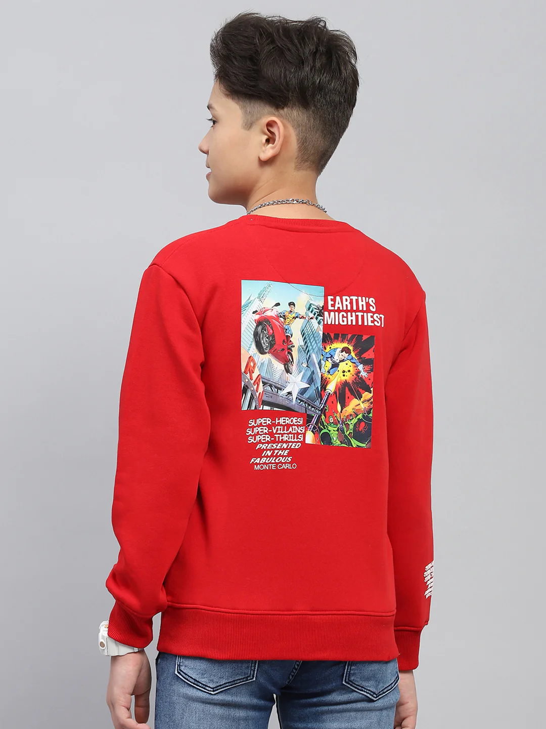 Boys Red Printed Round Neck Full Sleeve Sweatshirt - Image 5