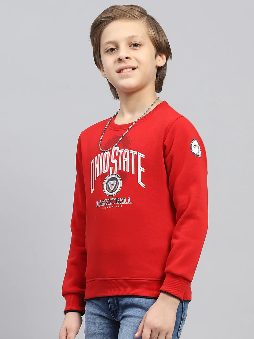 Boys Red Printed Round Neck Full Sleeve Sweatshirt - Image 3