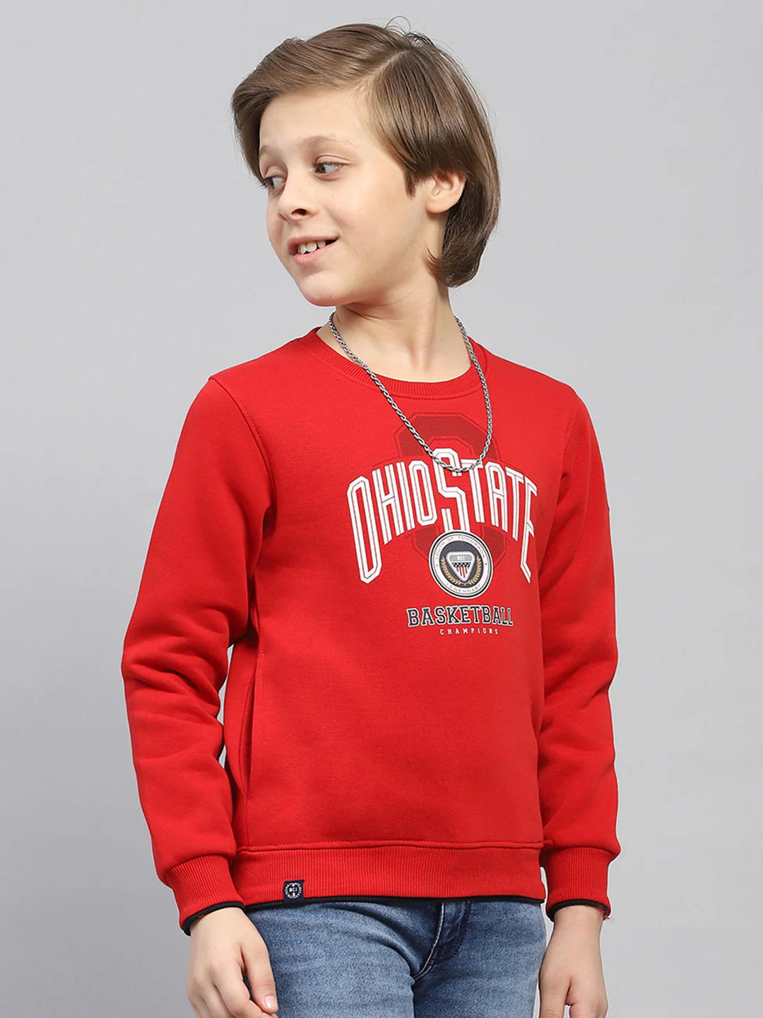 Boys Red Printed Round Neck Full Sleeve Sweatshirt - Image 4