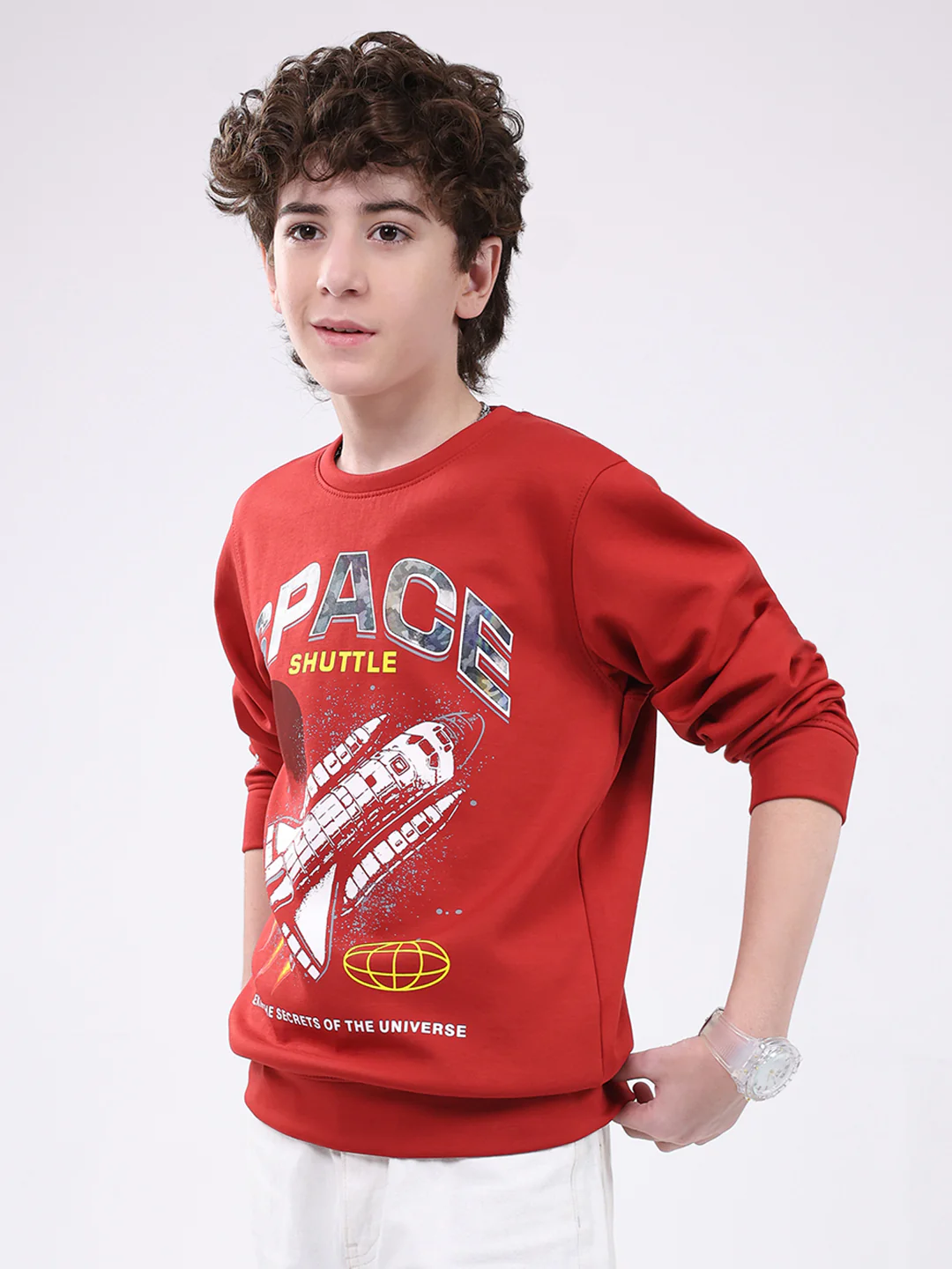 Boys Red Printed Round Neck Full Sleeve Sweatshirt - Image 3