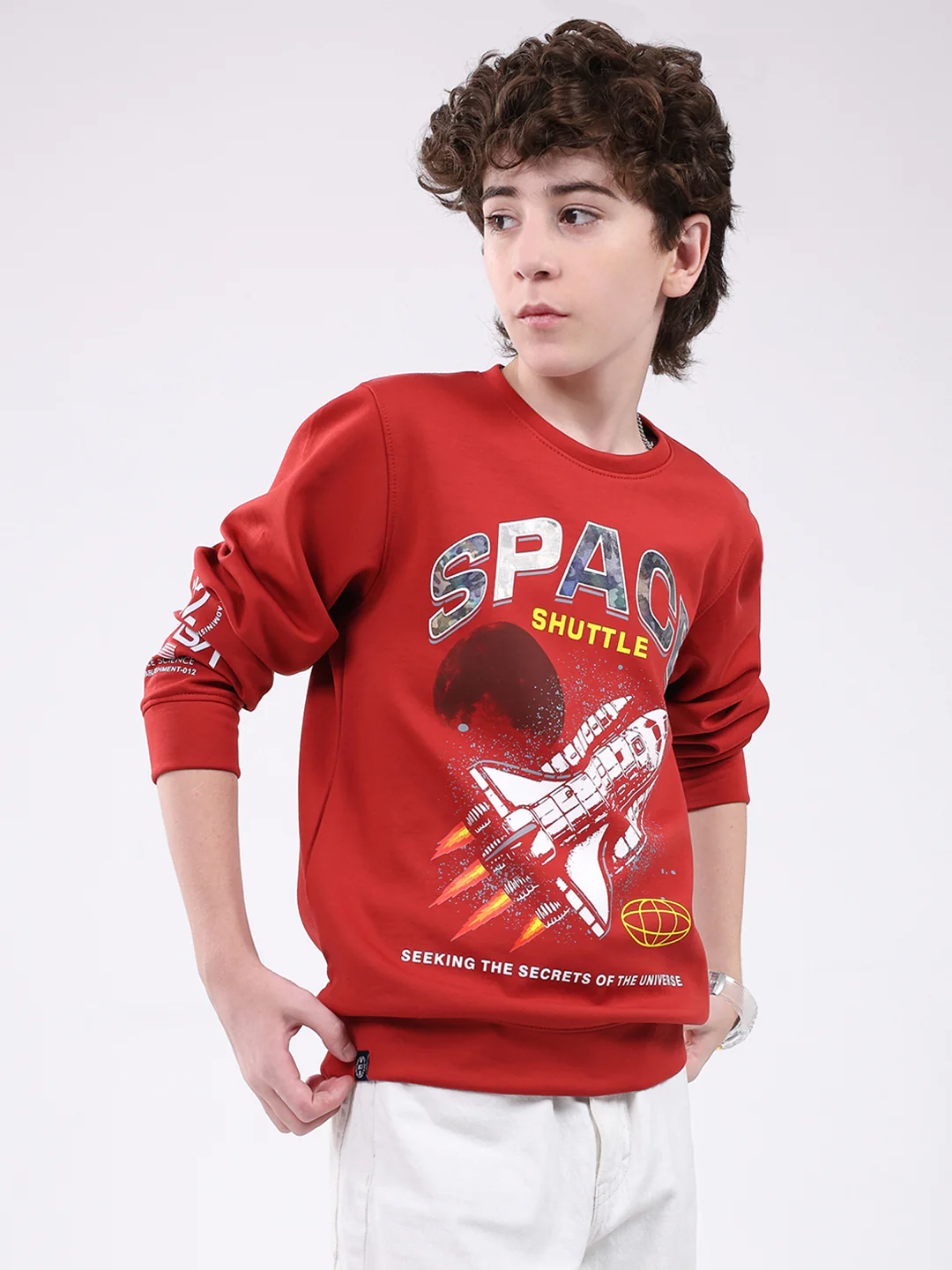 Boys Red Printed Round Neck Full Sleeve Sweatshirt - Image 4