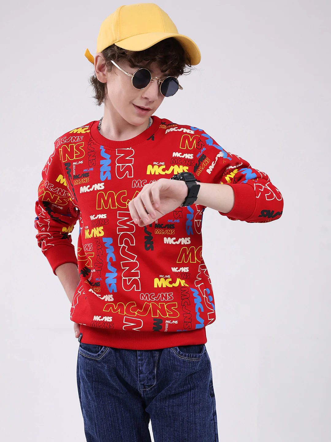 Boys Red Printed Round Neck Full Sleeve Sweatshirt - Image 6