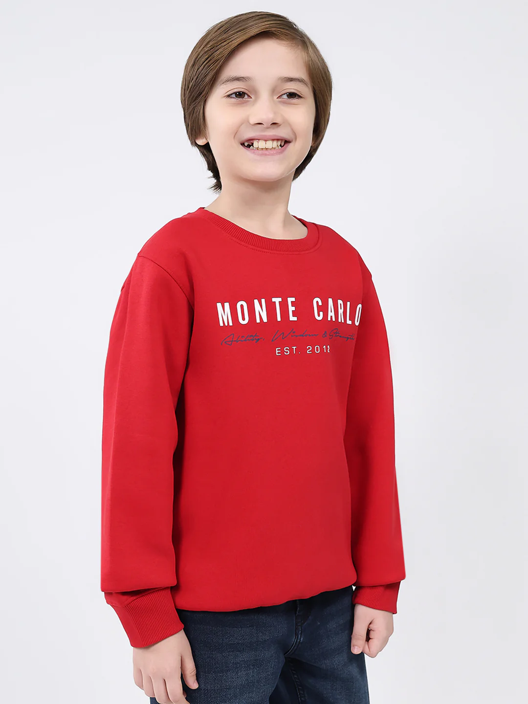 Boys Red Printed Round Neck Full Sleeve Sweatshirt - Image 4