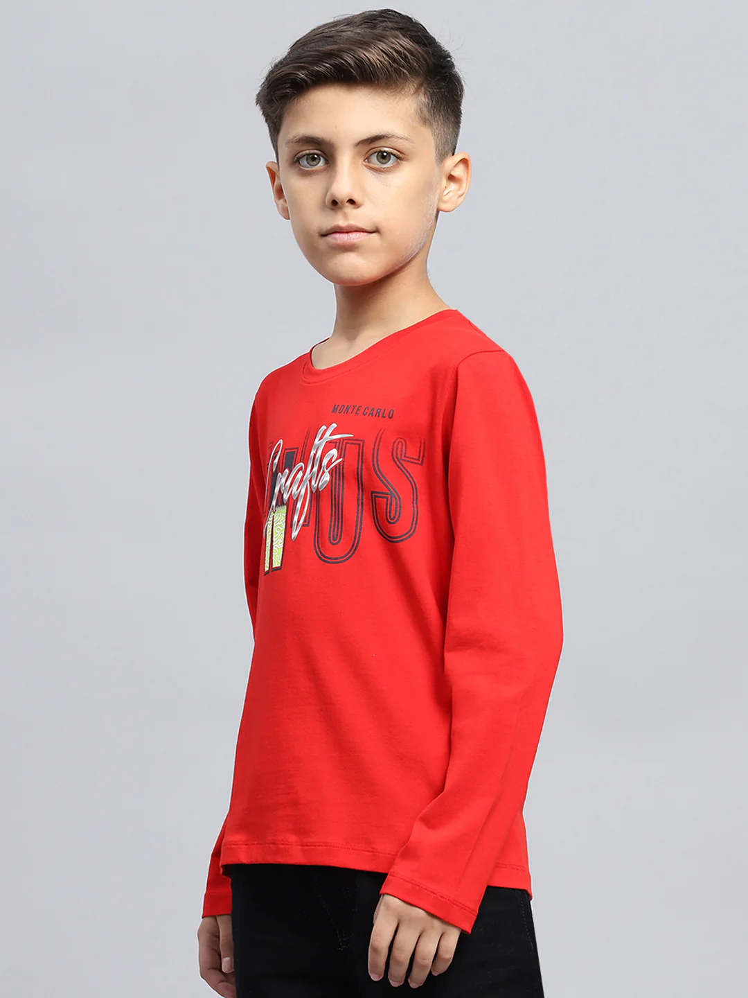Boys Red Printed Round Neck Full Sleeve T-Shirt - Image 3