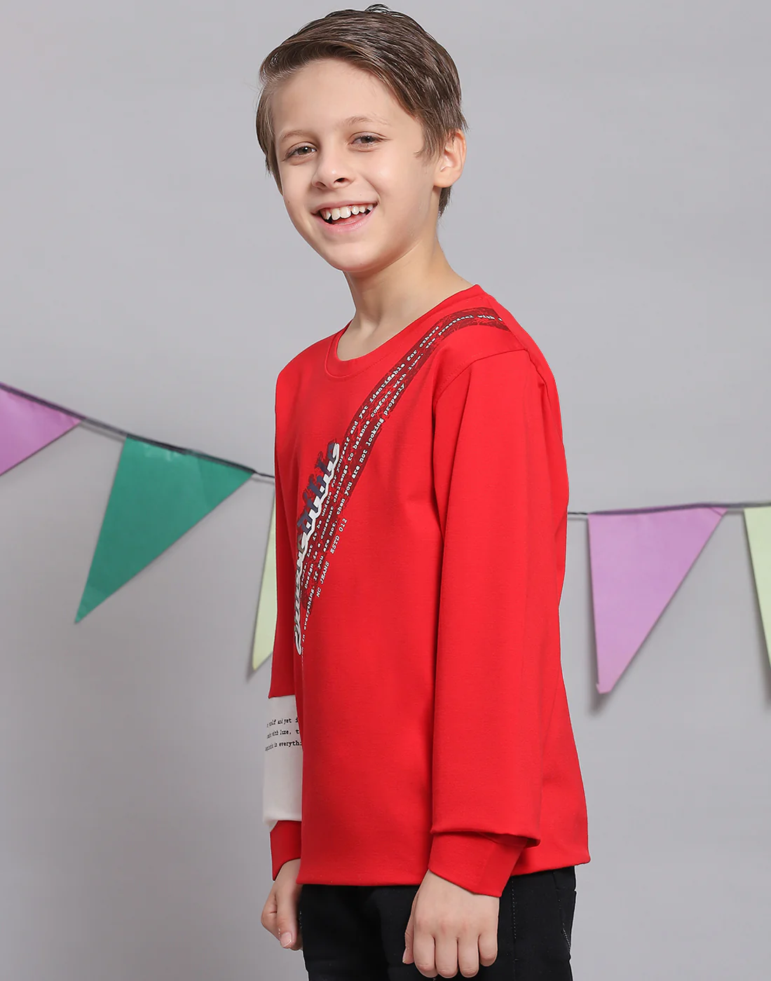 Boys Red Printed Round Neck Full Sleeve T-Shirts - Image 4