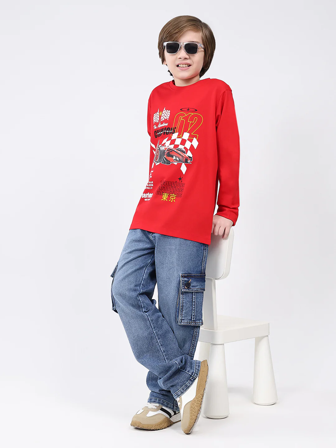 Boys Red Printed Round Neck Full Sleeve Winter T-Shirt - Image 2