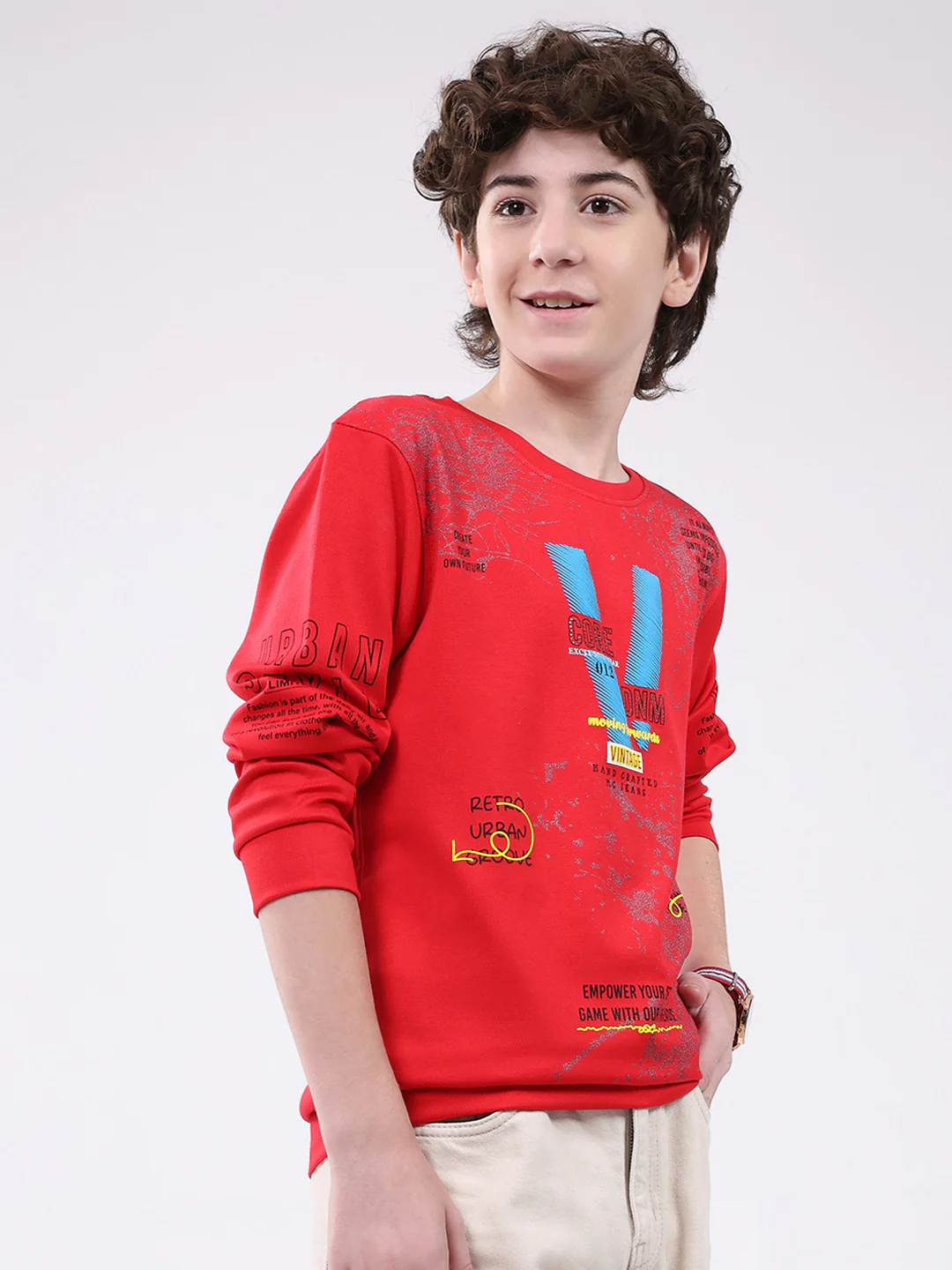 Boys Red Printed Round Neck Full Sleeve Winter T-Shirt - Image 4