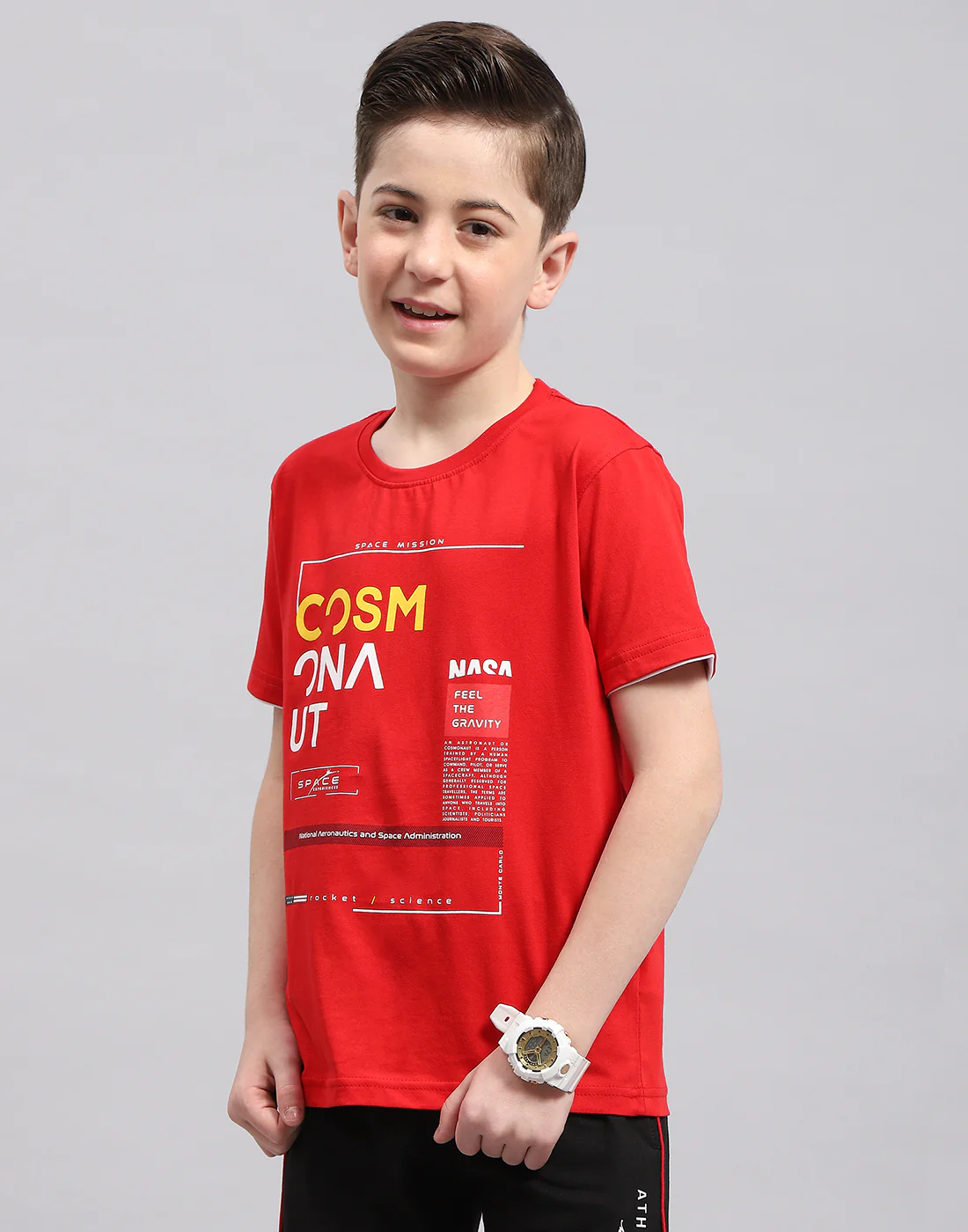 Boys Red Printed Round Neck Half Sleeve T-Shirt - Image 3