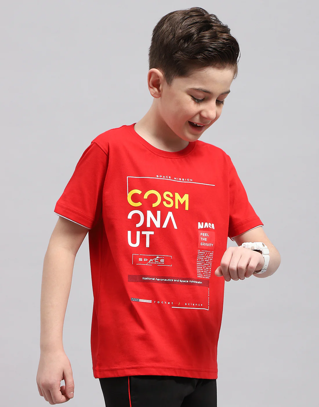 Boys Red Printed Round Neck Half Sleeve T-Shirt - Image 4