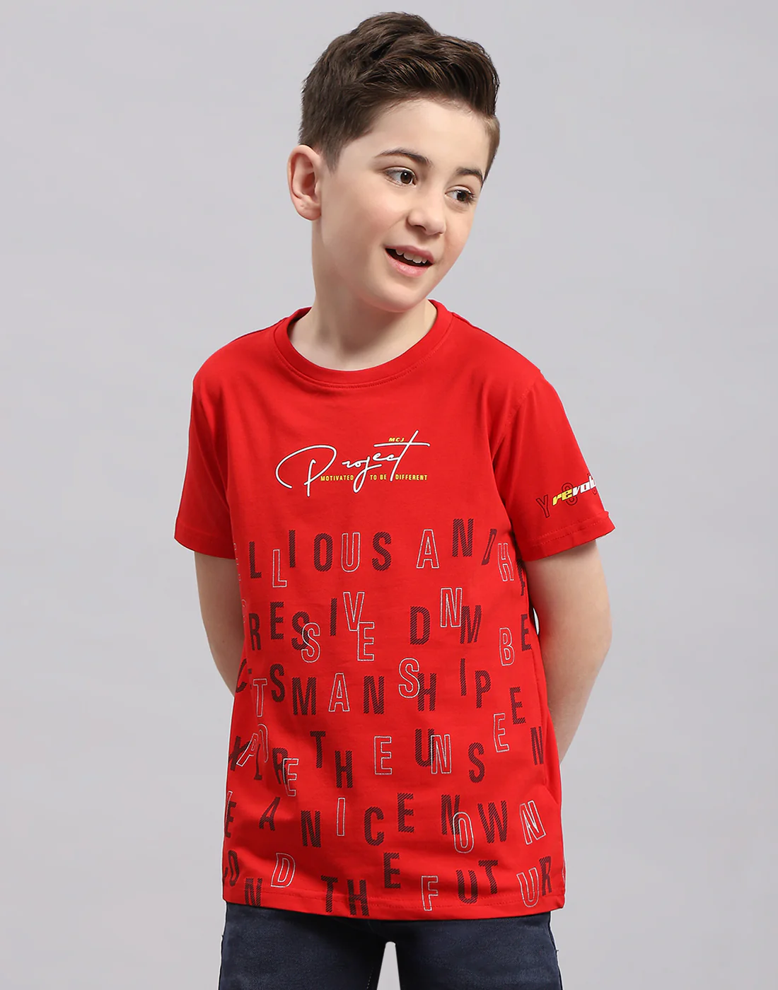 Boys Red Printed Round Neck Half Sleeve T-Shirt - Image 2