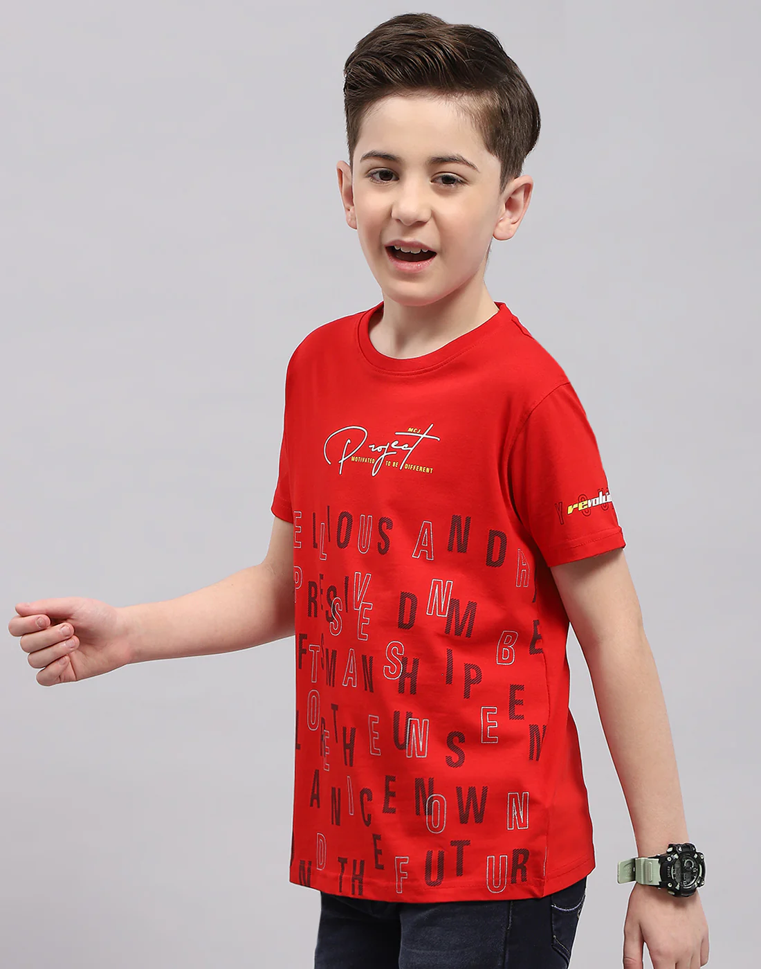 Boys Red Printed Round Neck Half Sleeve T-Shirt - Image 3