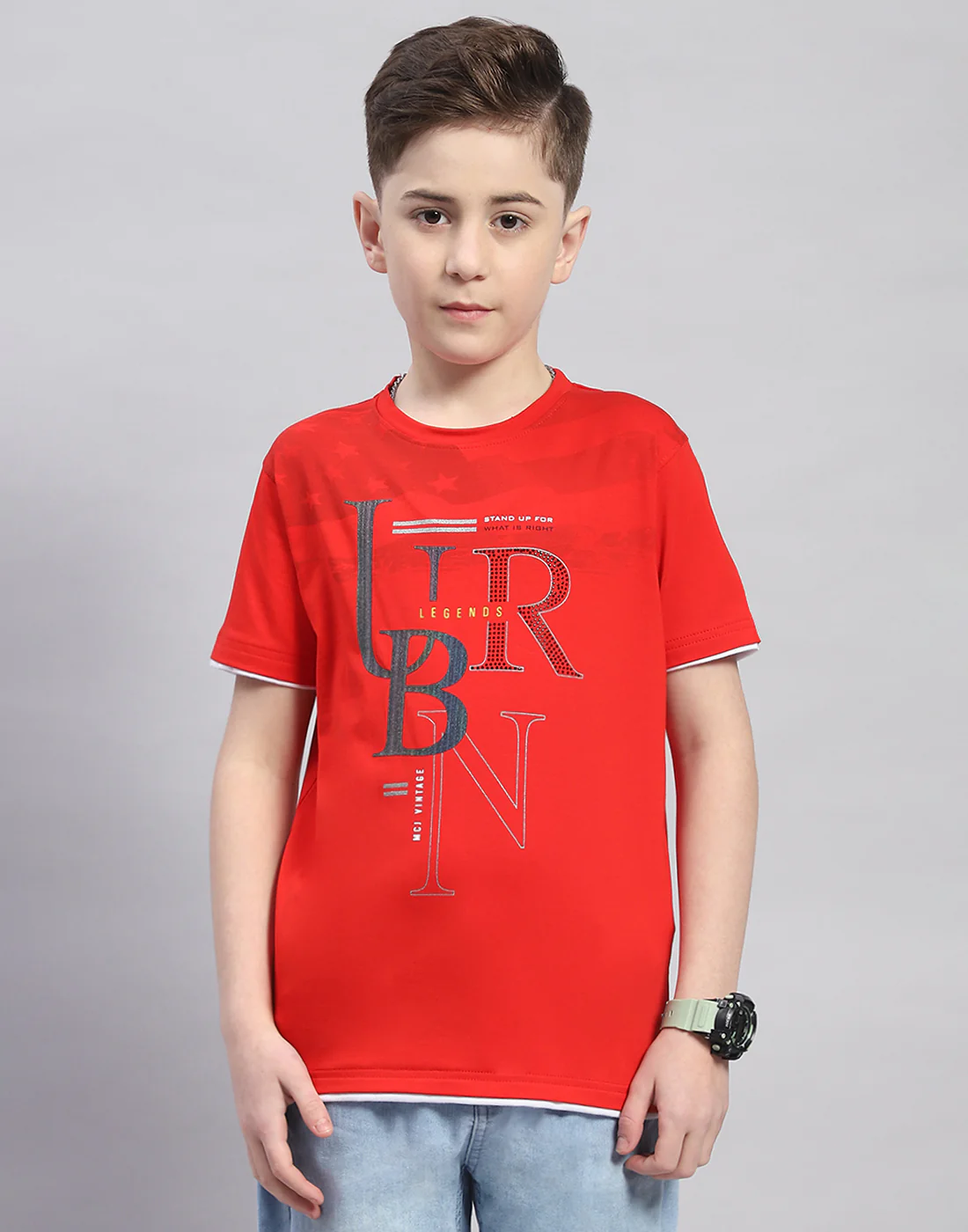 Boys Red Printed Round Neck Half Sleeve T-Shirt - Image 2