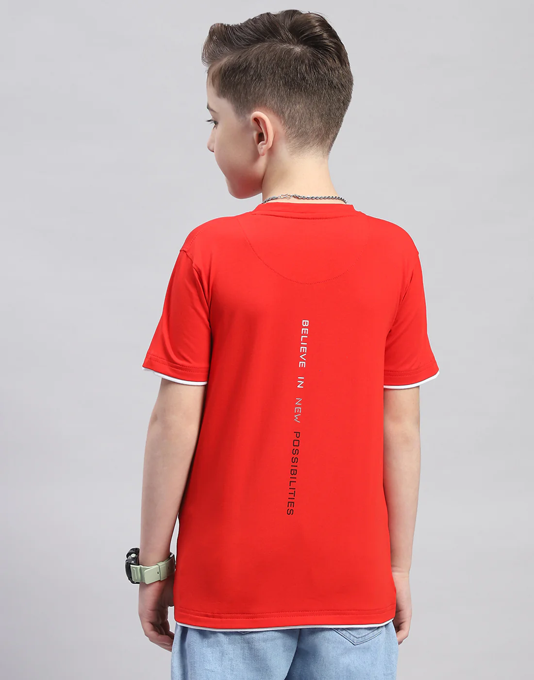 Boys Red Printed Round Neck Half Sleeve T-Shirt - Image 5