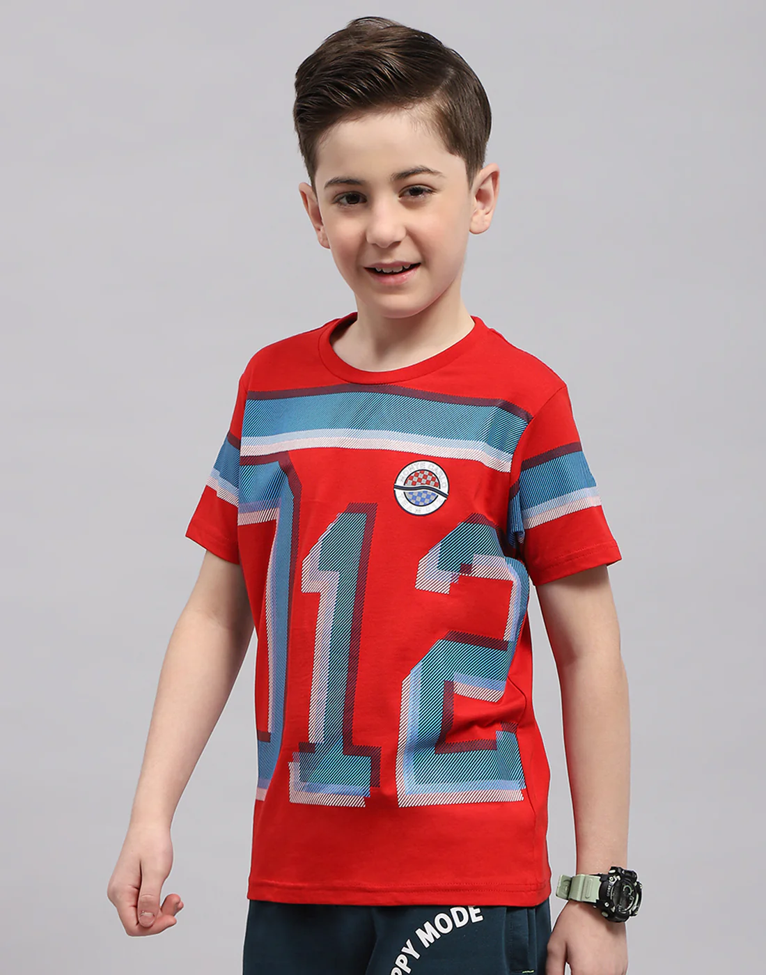 Boys Red Printed Round Neck Half Sleeve T-Shirt - Image 3
