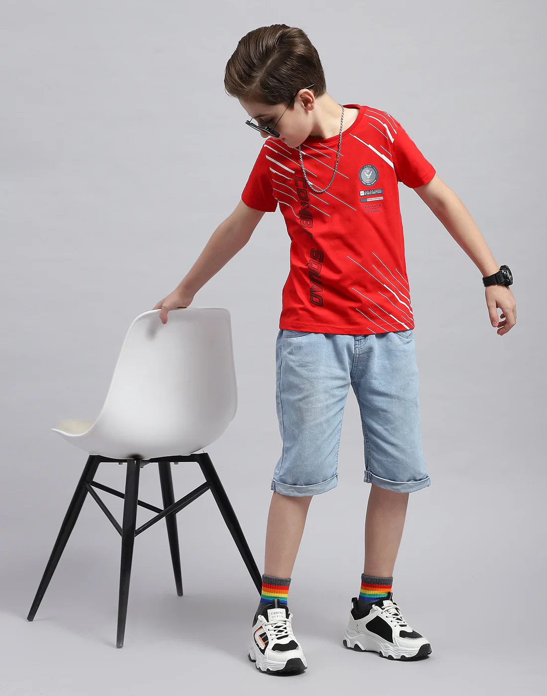 Boys Red Printed Round Neck Half Sleeve T-Shirt - Image 6
