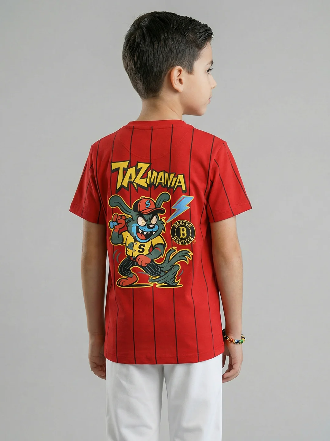 Boys Red Printed Round Neck Half Sleeve T-Shirt - Image 4