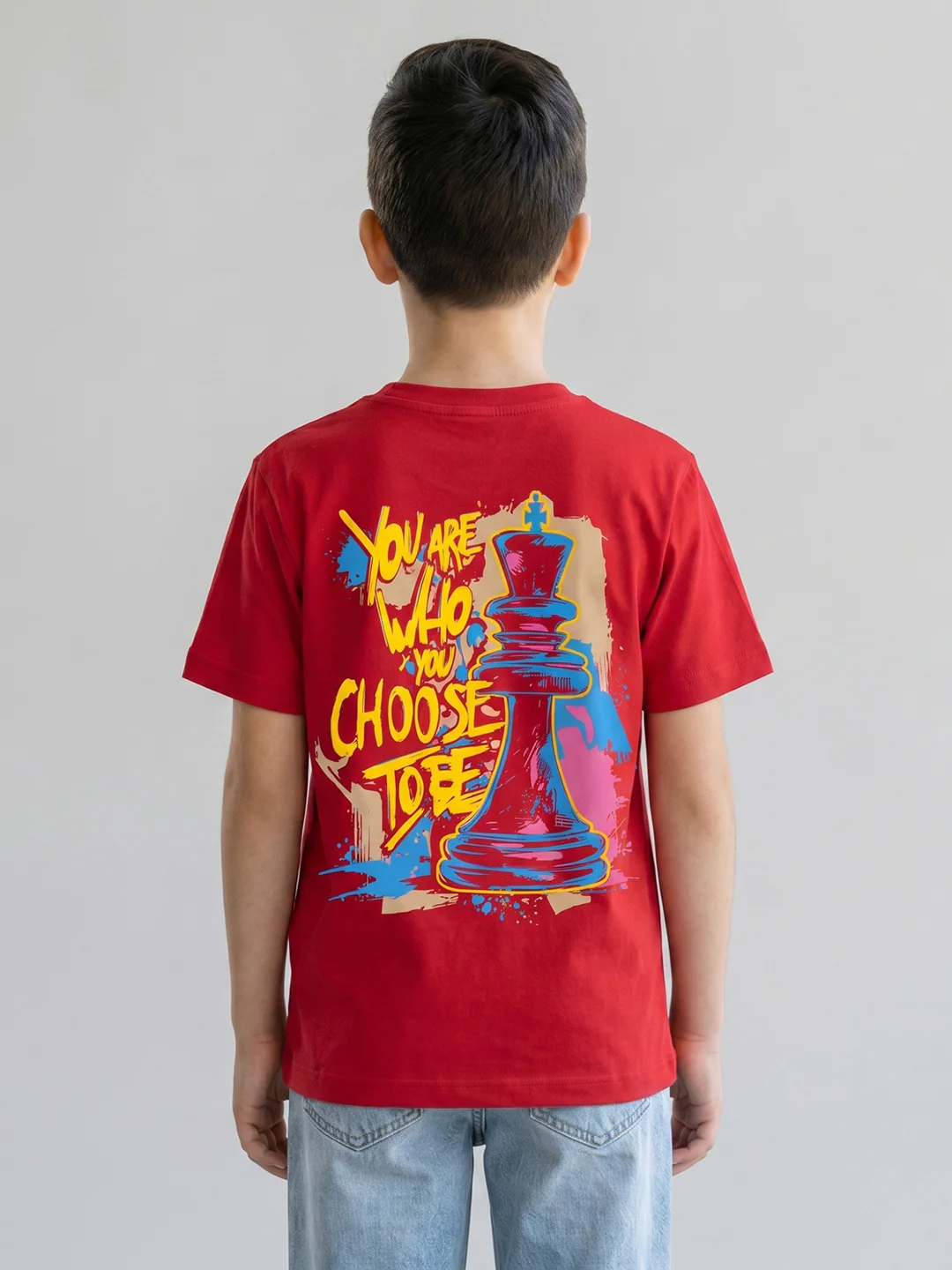 Boys Red Printed Round Neck Half Sleeve T-Shirt - Image 4