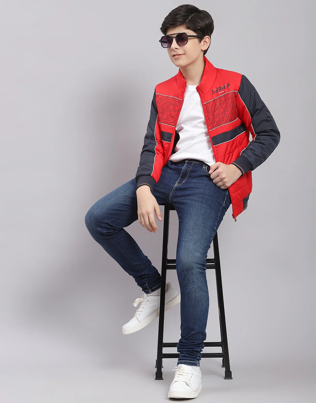 Boys Red Printed Stand Collar Full Sleeve Boys Jacket - Image 2
