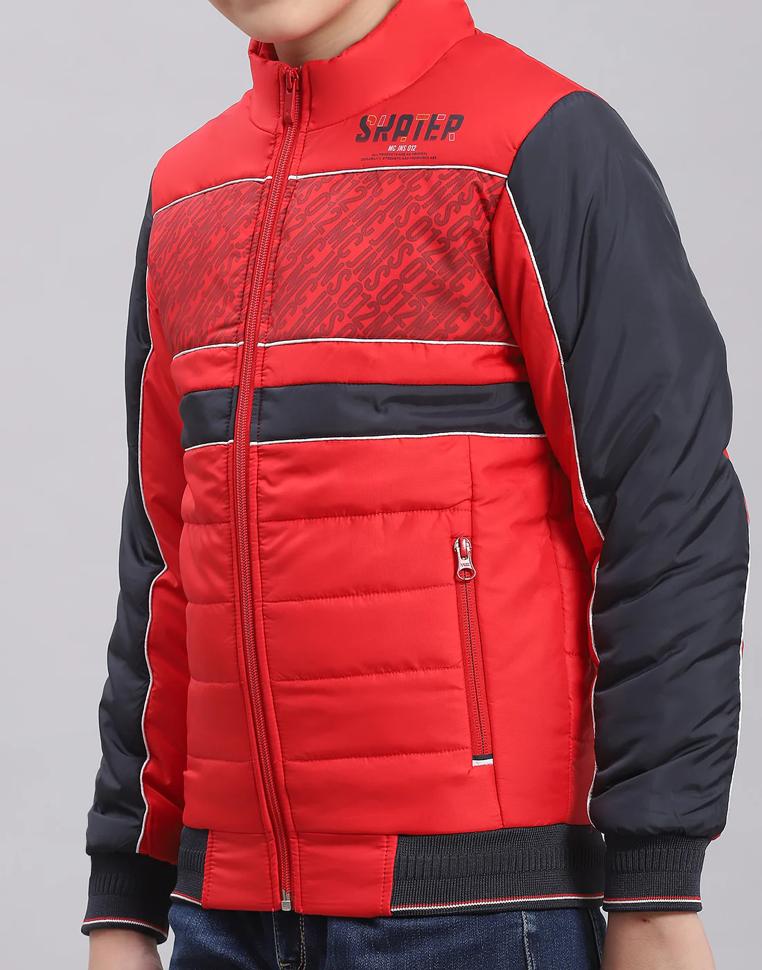 Boys Red Printed Stand Collar Full Sleeve Boys Jacket - Image 6