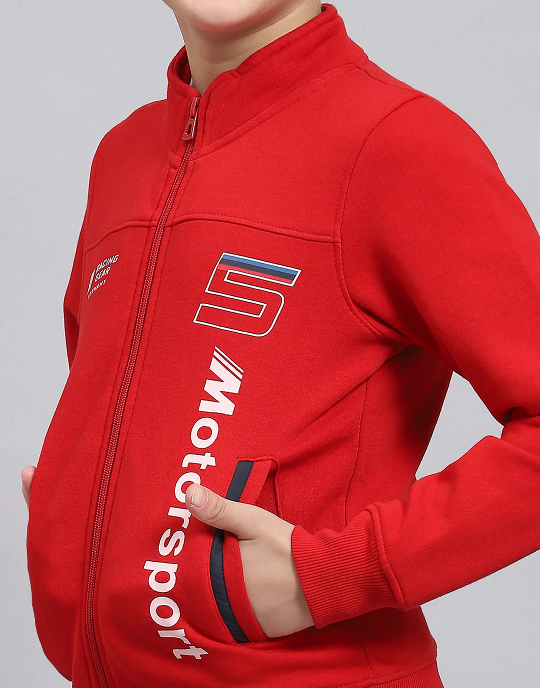 Boys Red Printed Stand Collar Full Sleeve Sweatshirt - Image 7