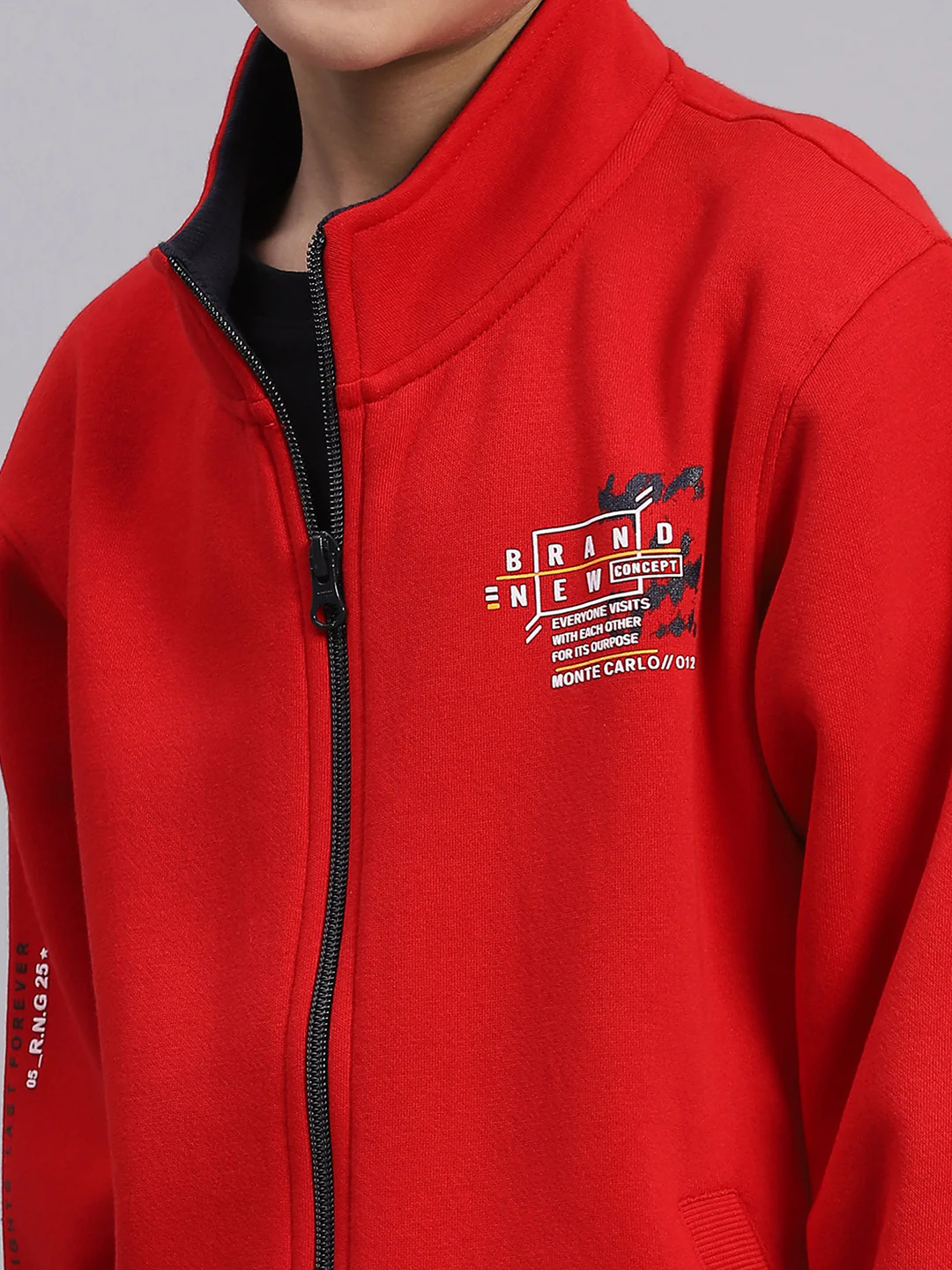 Boys Red Printed Stand Collar Full Sleeve Sweatshirt - Image 6