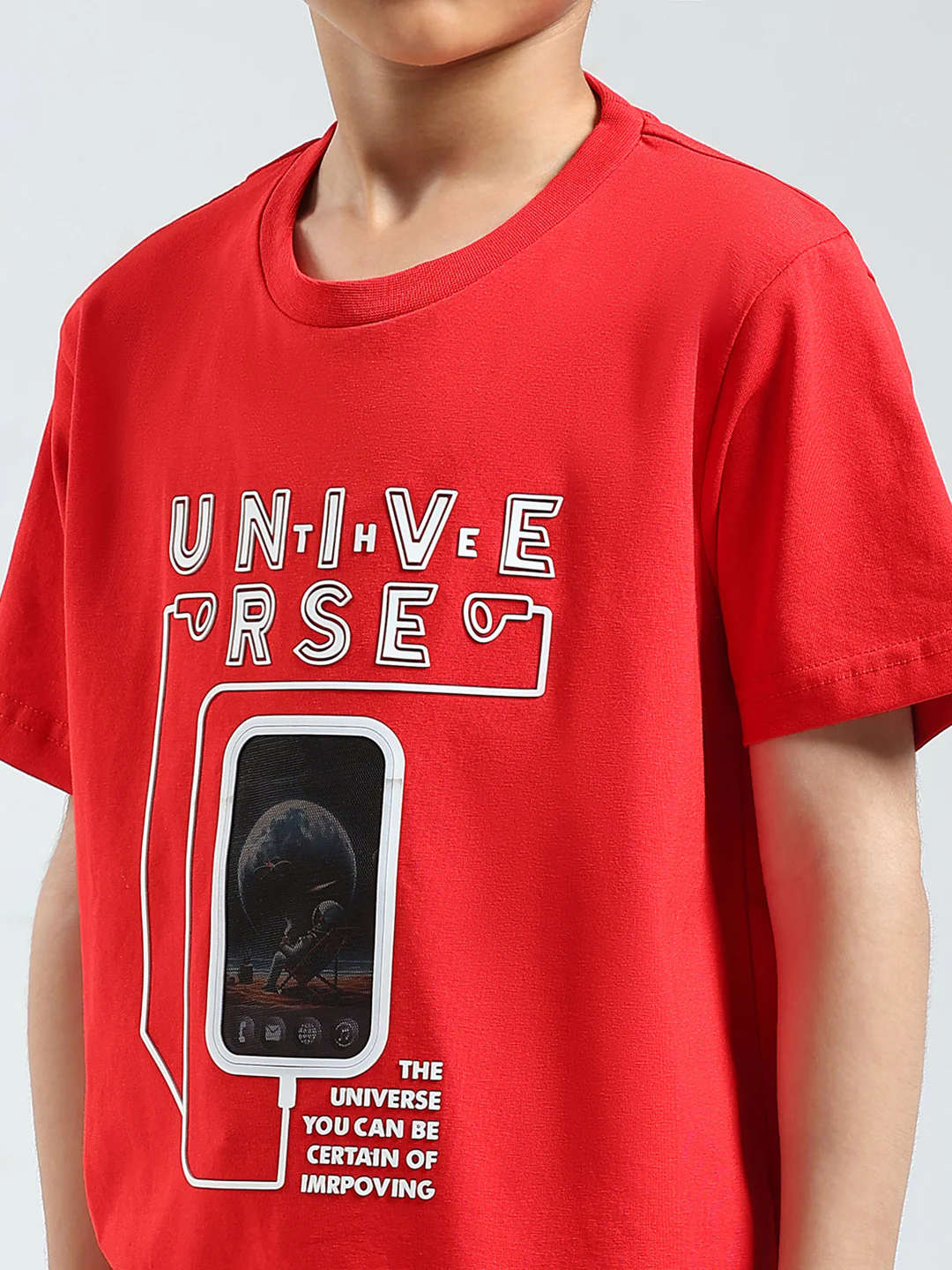 Boys Red Printed Round Neck Half Sleeve T-Shirt - Image 6