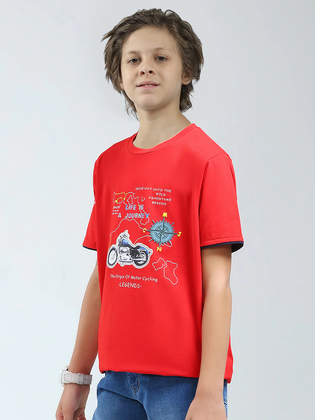 Boys Red Printed Round Neck Half Sleeve T-Shirt - Image 3