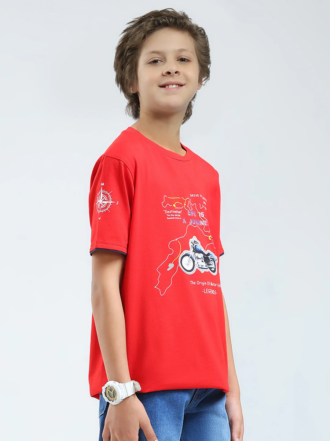 Boys Red Printed Round Neck Half Sleeve T-Shirt - Image 4
