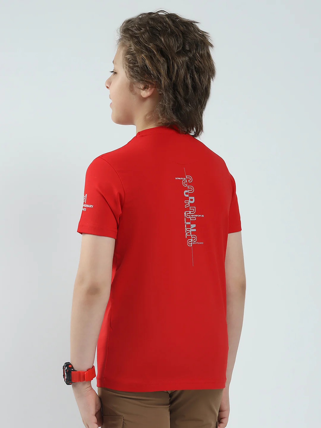 Boys Red Printed Round Neck Half Sleeve T-Shirt - Image 5