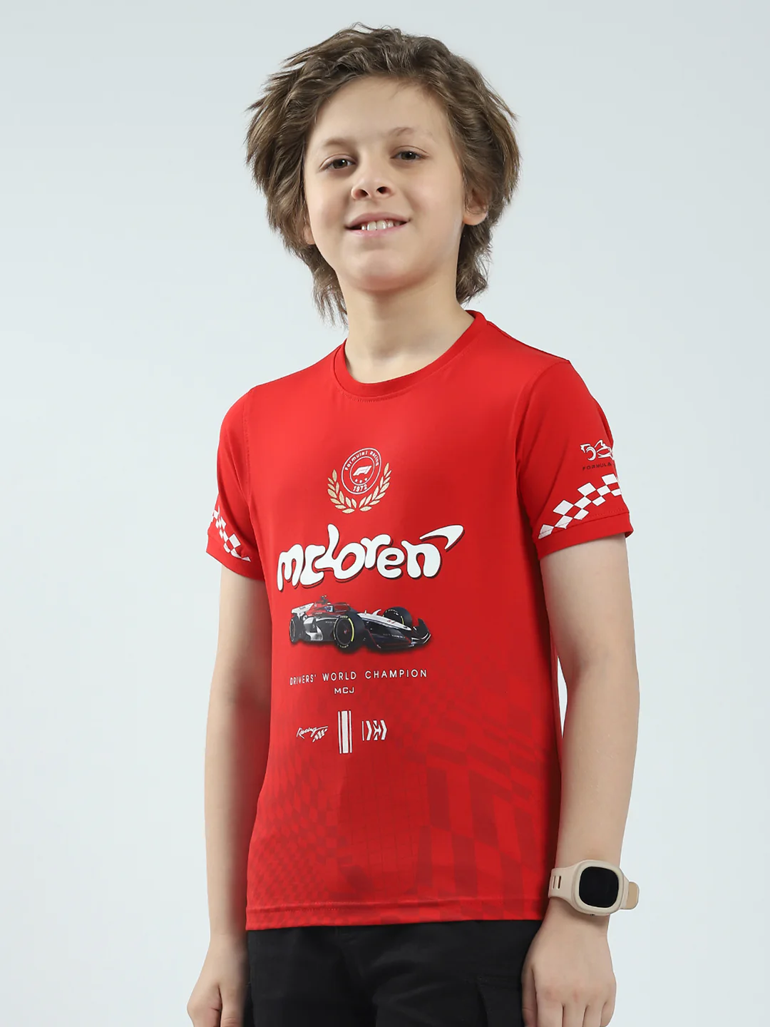 Boys Red Printed Round Neck Half Sleeve T-Shirt - Image 3