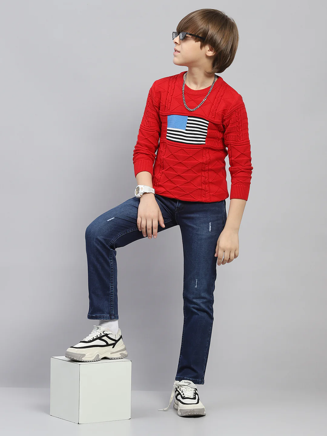 Boys Red Self Design Round Neck Full Sleeve Pullover - Image 2