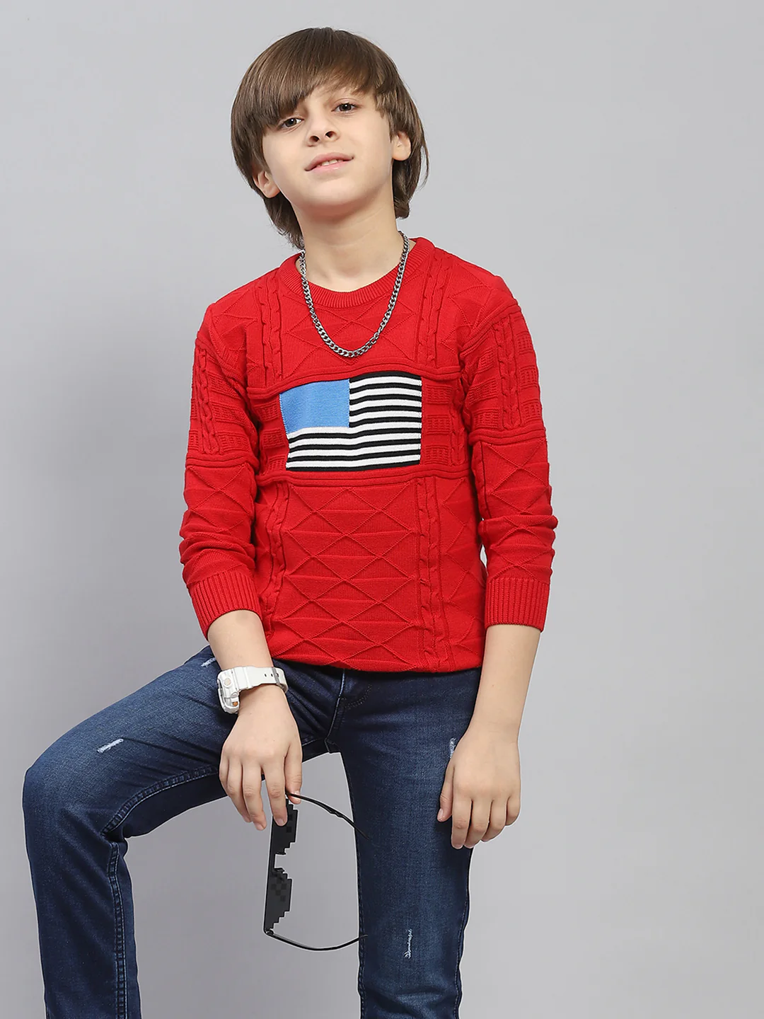 Boys Red Self Design Round Neck Full Sleeve Pullover - Image 6