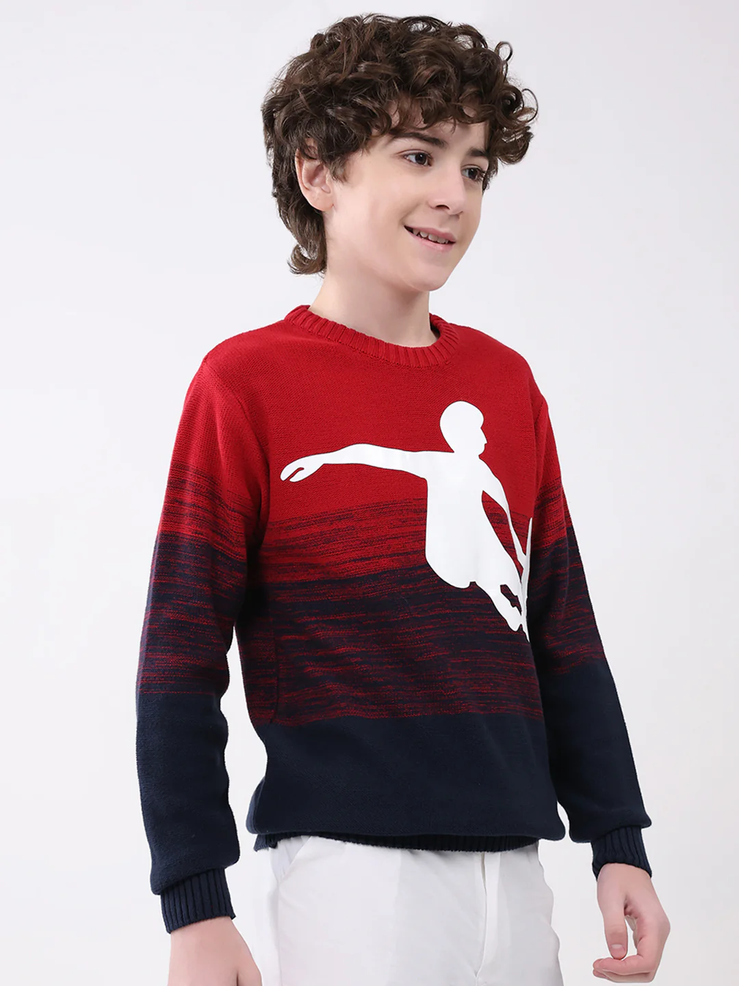 Boys Red Self Design Round Neck Full Sleeve Pullover - Image 4