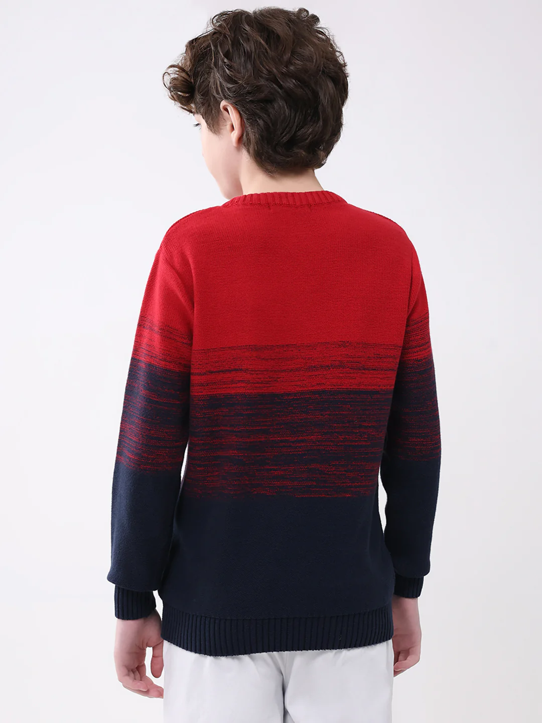 Boys Red Self Design Round Neck Full Sleeve Pullover - Image 5