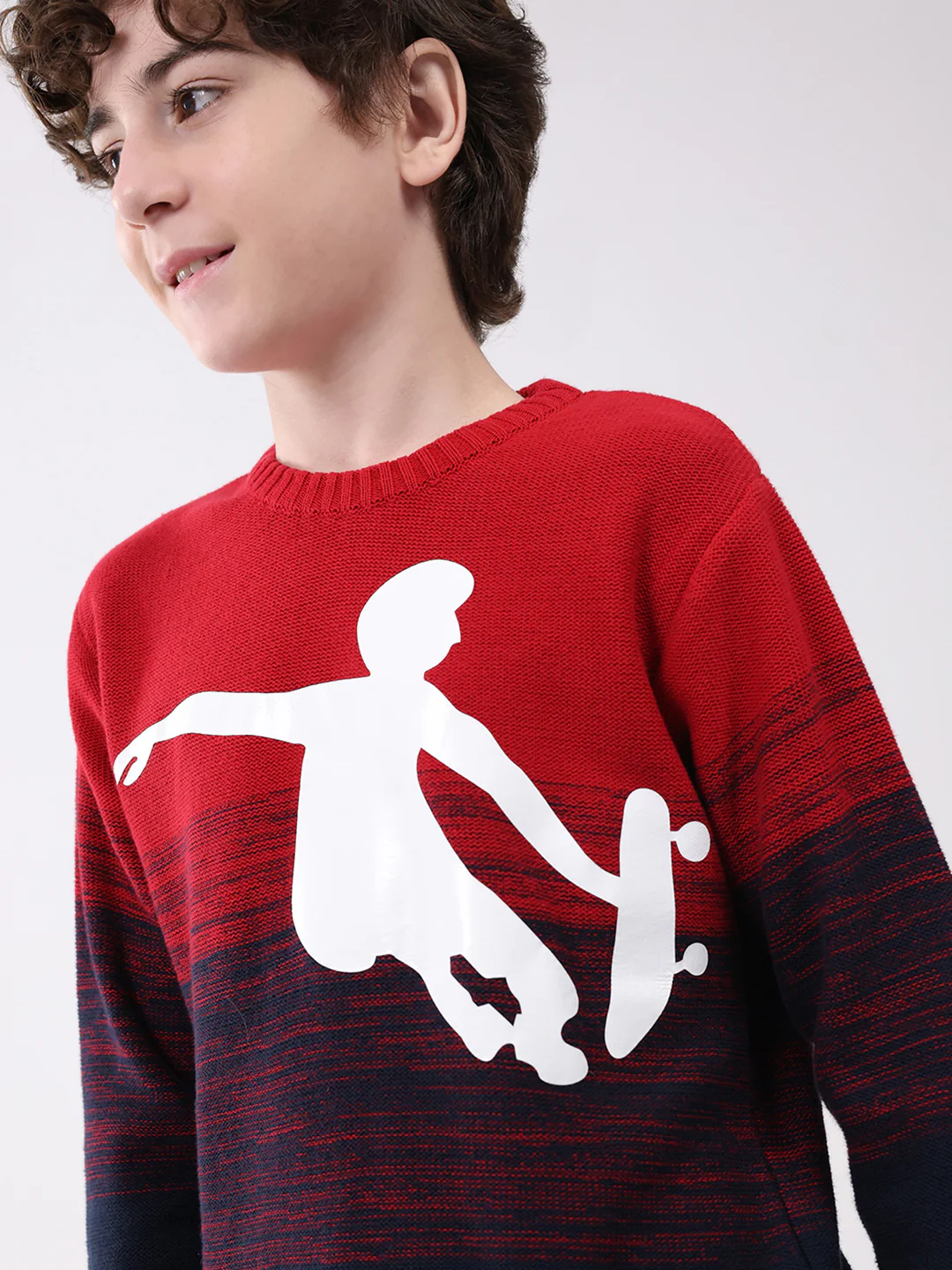Boys Red Self Design Round Neck Full Sleeve Pullover - Image 6