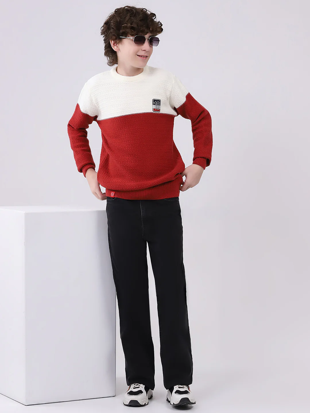 Boys Red Self Design Round Neck Full Sleeve Pullover - Image 2