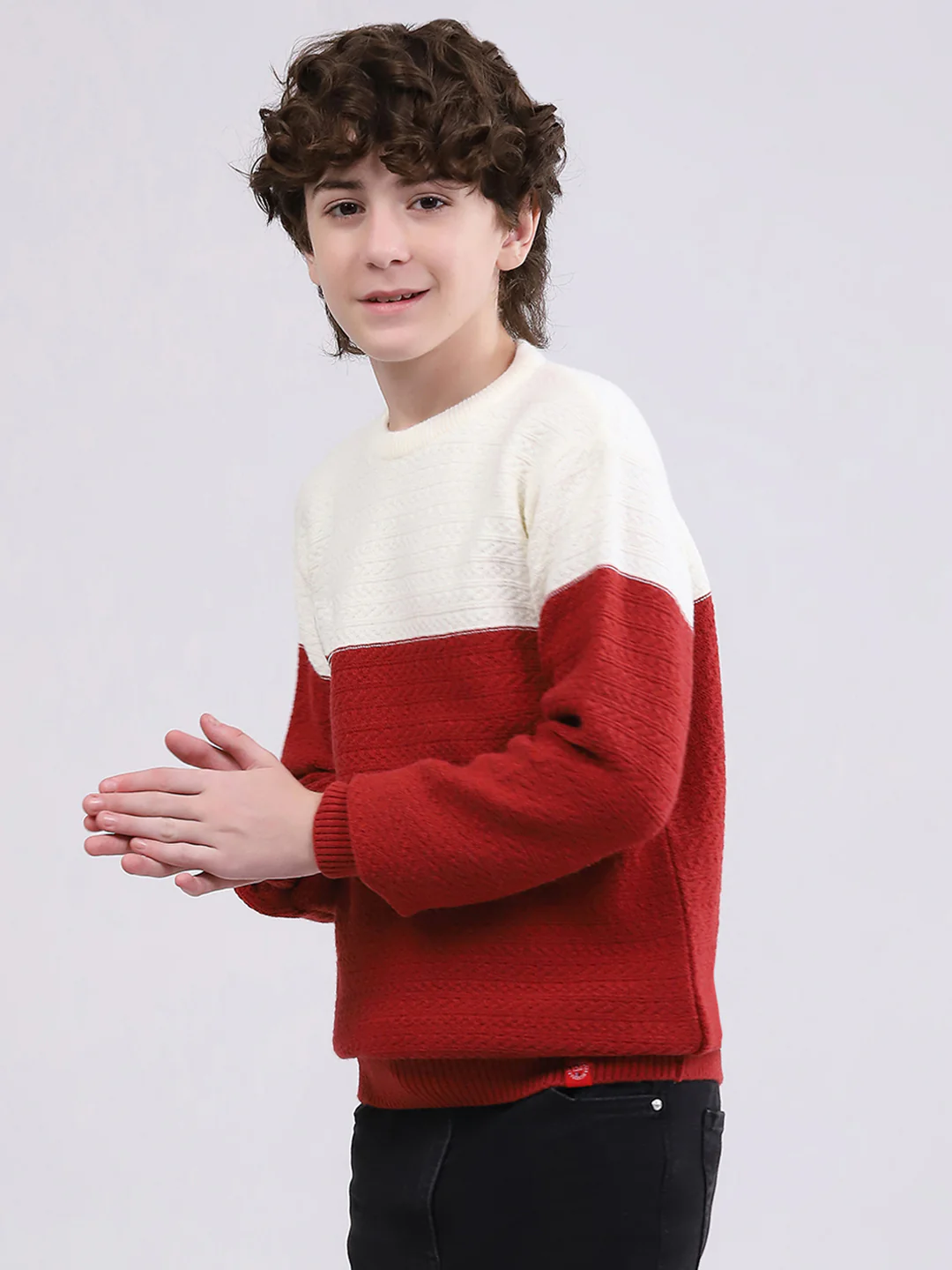 Boys Red Self Design Round Neck Full Sleeve Pullover - Image 3