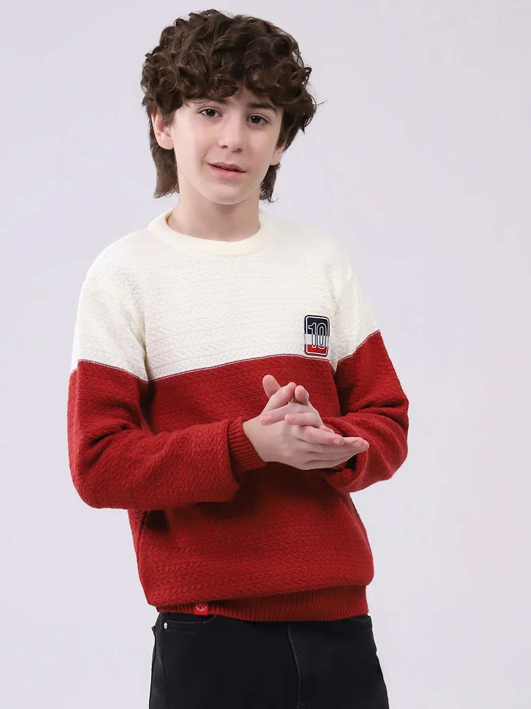 Boys Red Self Design Round Neck Full Sleeve Pullover - Image 4