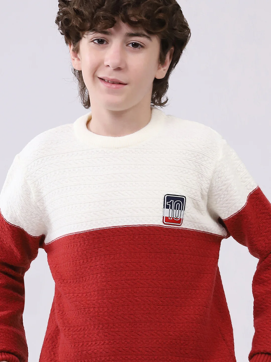 Boys Red Self Design Round Neck Full Sleeve Pullover - Image 6