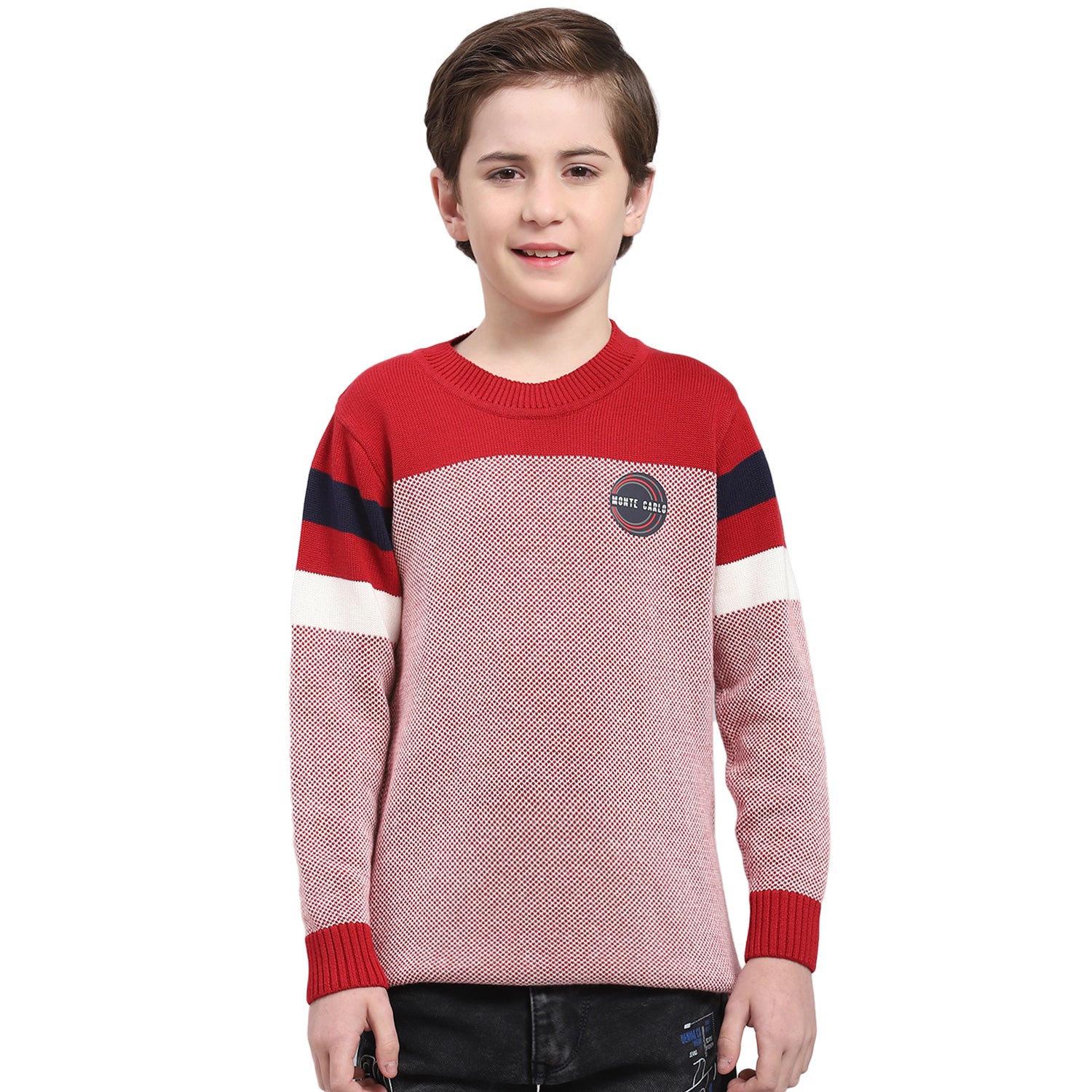 Boys Red Self Design Round Neck Full Sleeve Sweater - Image 5