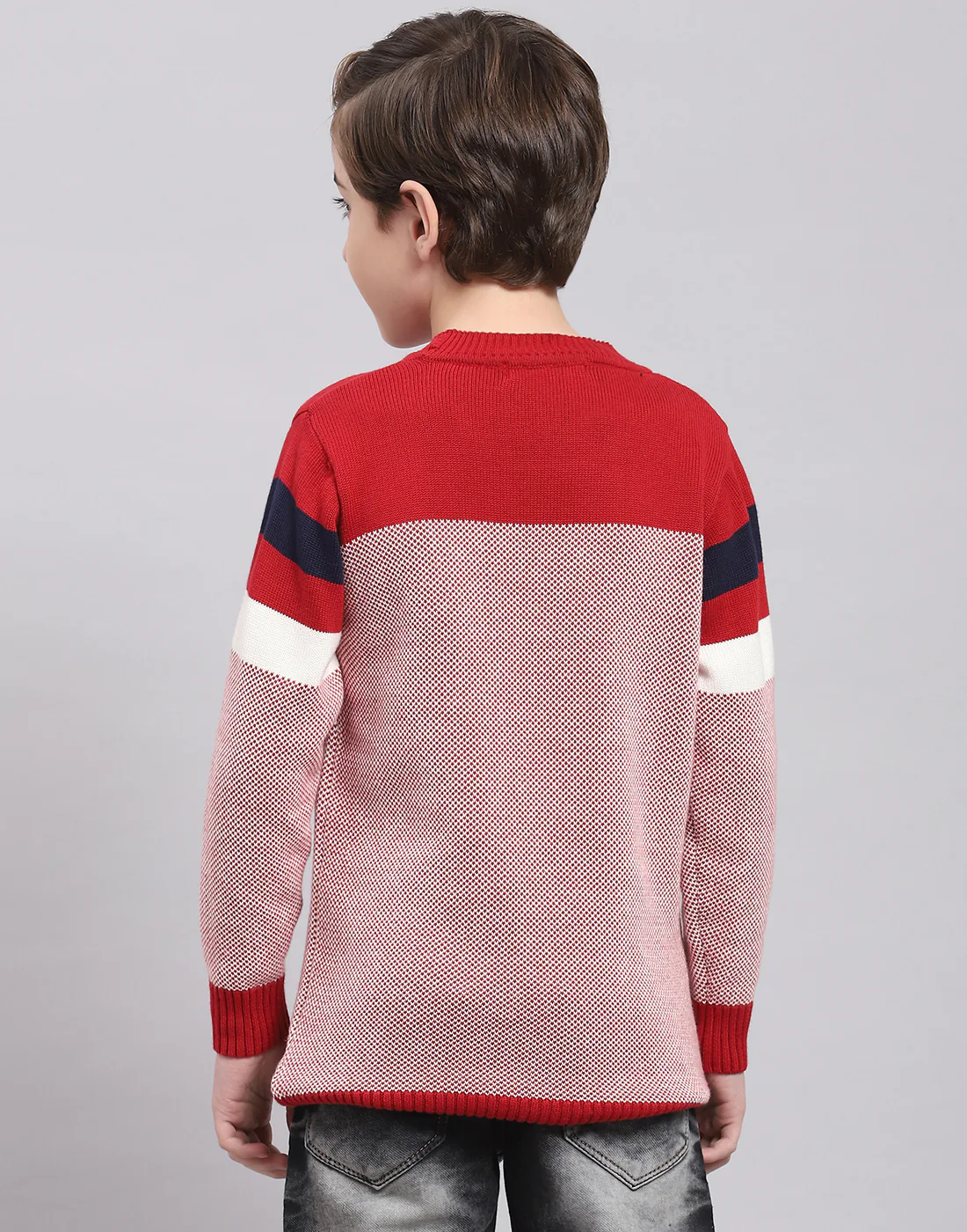 Boys Red Self Design Round Neck Full Sleeve Sweater - Image 6